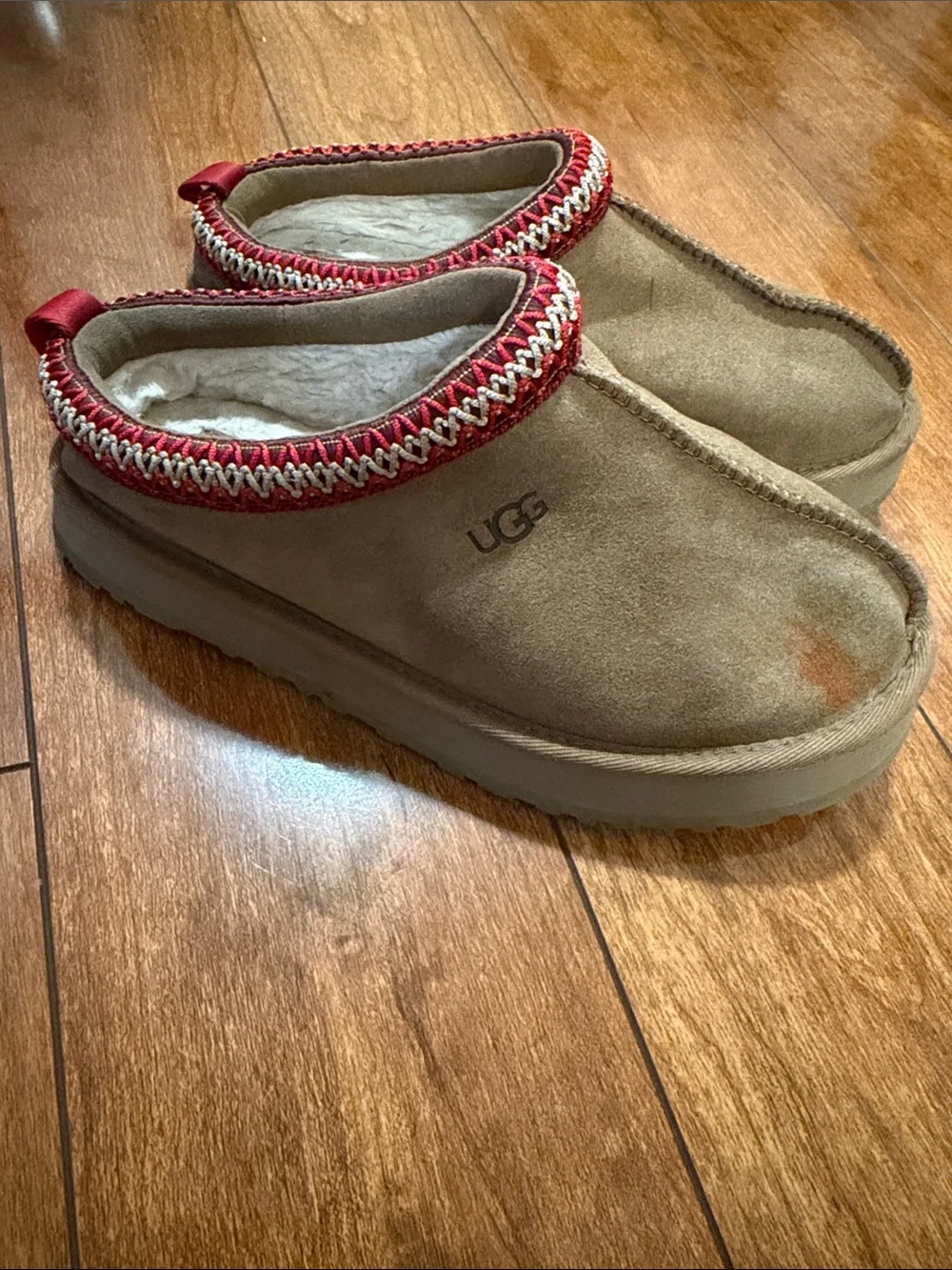 UGG Kids Chestnut Suede Slip-On Clog with Red Trim